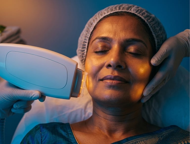 Professional laser skin treatment being performed on a woman's face at a medical spa.