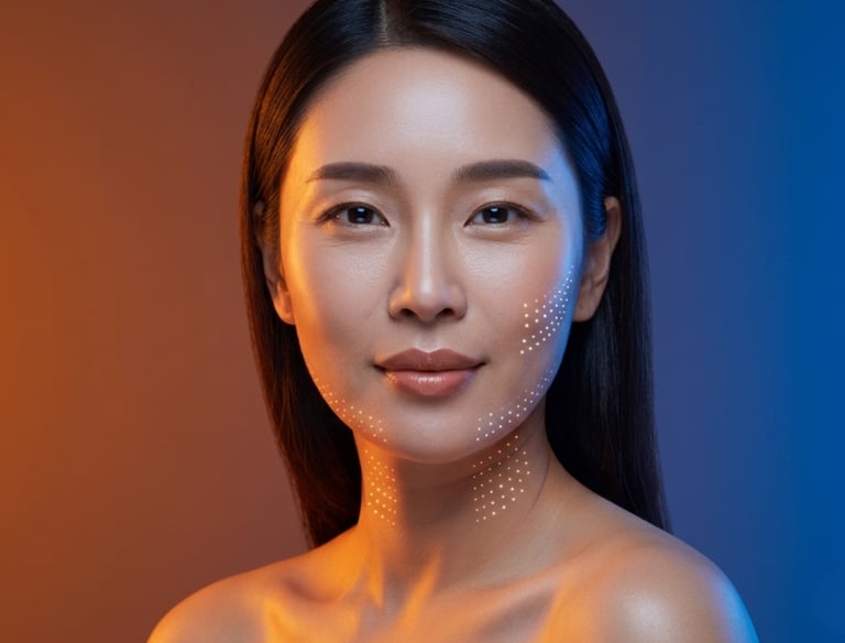 Asian woman showing skin rejuvenation results with glowing facial light therapy dots.