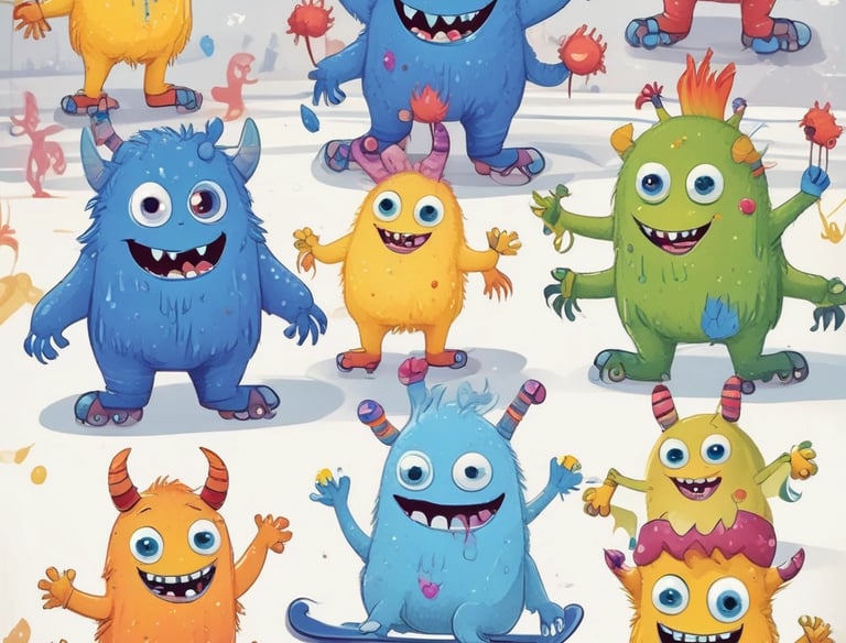 A cheerful group of diverse children wearing colorful monster-themed clothing.