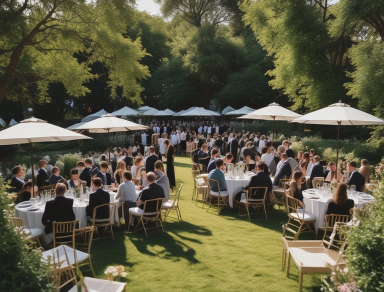 An elegantly decorated event space with tables and chairs set for a celebration.