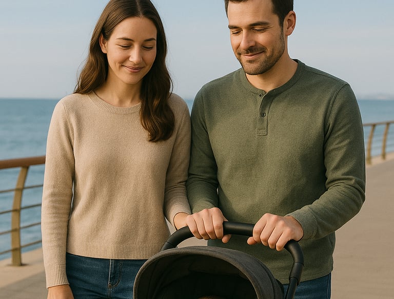 Padres paseando contentos a su bebé