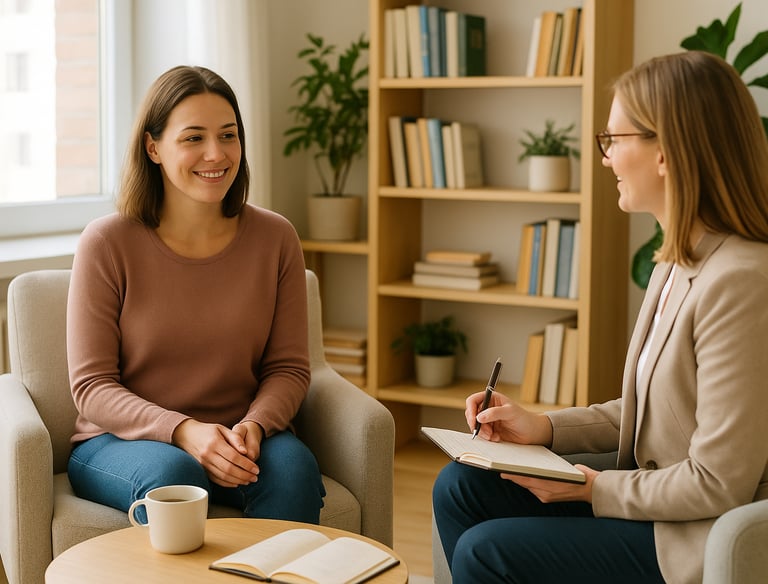 Mujer en terapia feliz al sentirse comprendida