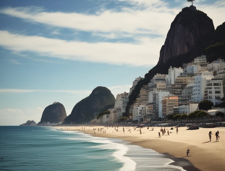 A grand multi-story hotel with white facade and blue striped accents along the windows. Several green awnings adorn the lower part of the building. Luxury cars, including a red taxi, are parked in front of the entrance. A fountain with water jetting upward is visible in the foreground.