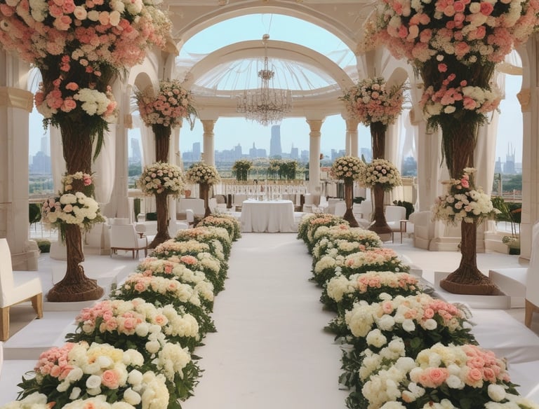 The entrance of Claridge's hotel with a doorman standing near the door. A vibrant red sports car is parked on the street in front of the hotel. The exterior features elegant wrought iron details and tall potted plants with a canopy above the entrance.