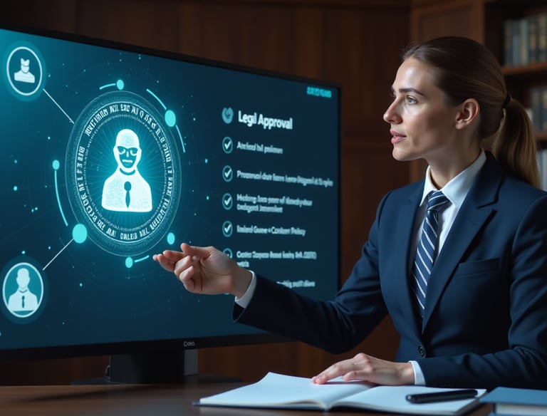 a woman in a suit and tie is pointing at a screen with a virtual interface