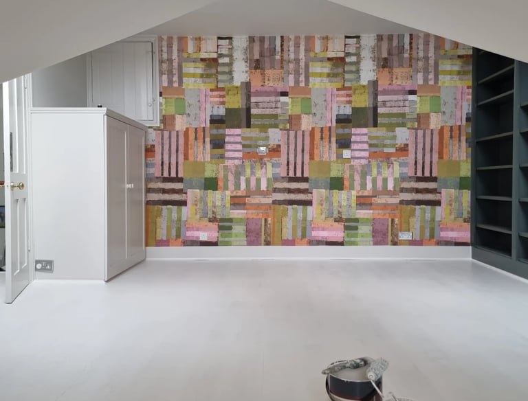 wallpaper installation with colourful patchwork design – completed by Pure Perfection in Balham