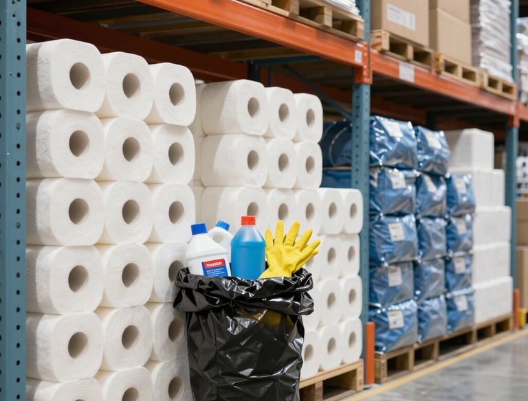 Warehouse workers organizing shelves stacked with bulk janitorial products in a clean, well-lit environment.