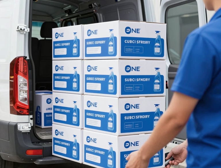 A Mercedes Sprinter van parked outside a daycare center, unloading boxes of commercial cleaning supplies.