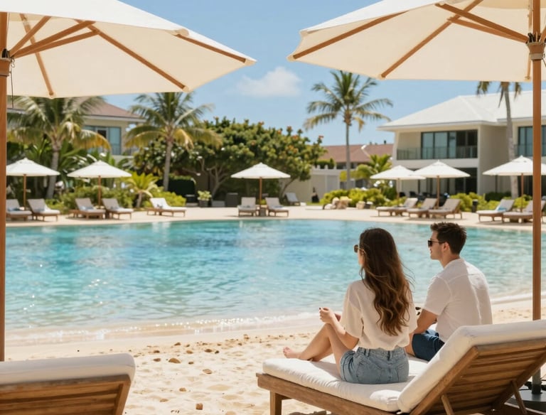 A turquoise water villa with champagne glasses on a sunlit terrace.