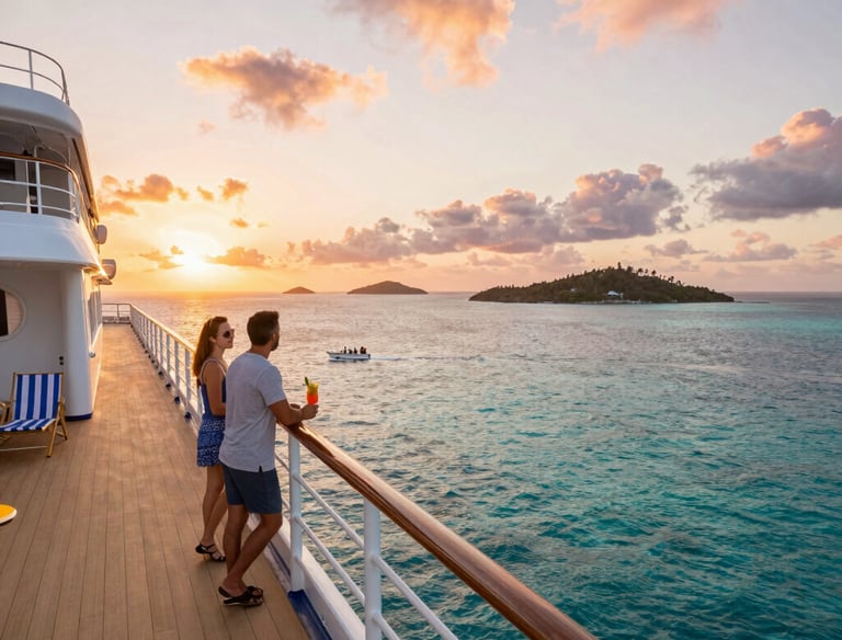 Luxury cruise ship deck at golden hour sunset, couple holding  cocktails leaning on white railing, t