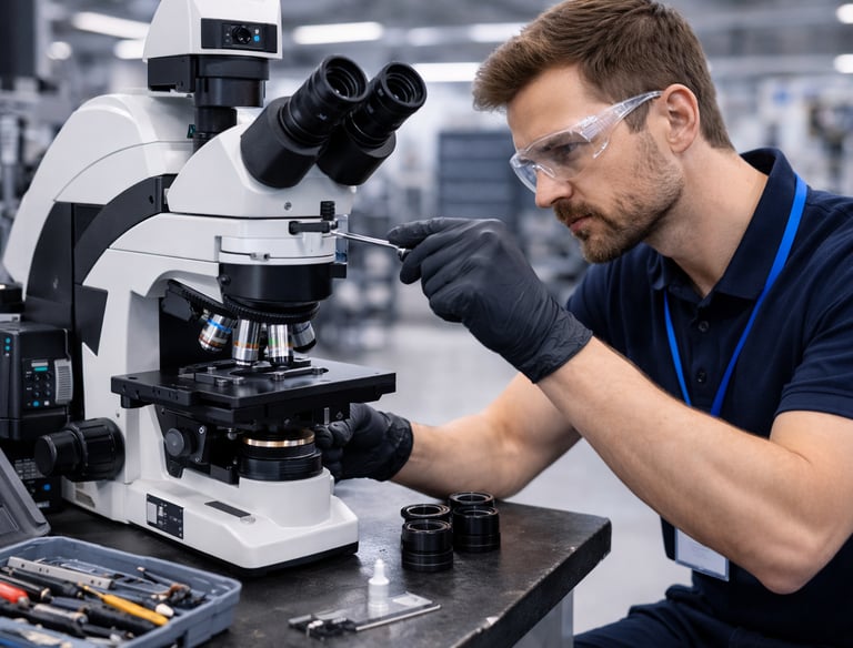 an engineer carrying out routine maintenance of a stereo optical microscope 