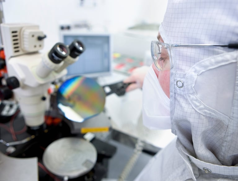 optical stereo microscope image with a cleanroom engineer inspecting a silicon wafer