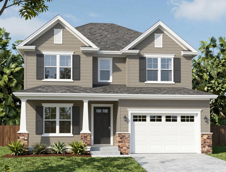 Modern two-story suburban home with grey siding, white trim, stone accents, and a two-car garage.