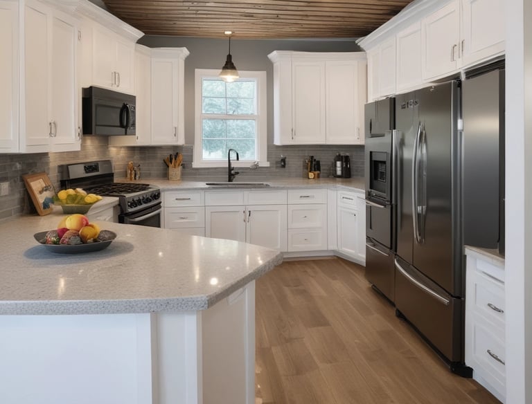 Modern kitchen with white shaker cabinets, quartz countertops, and a rustic wood plank ceiling.