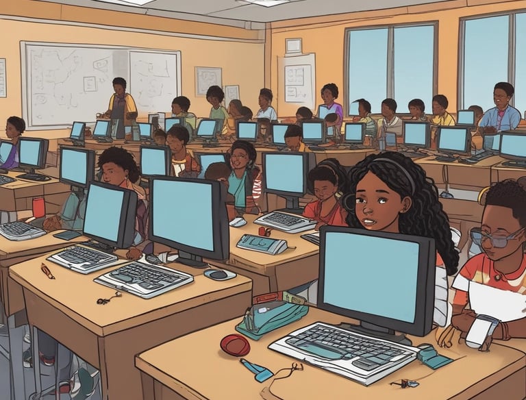 A classroom scene where a student seated at a desk is using a tablet with an external keyboard. The student is wearing headphones. In the background, other students are also using tablets and working at their desks. The classroom has educational posters on the walls and a whiteboard at the front.