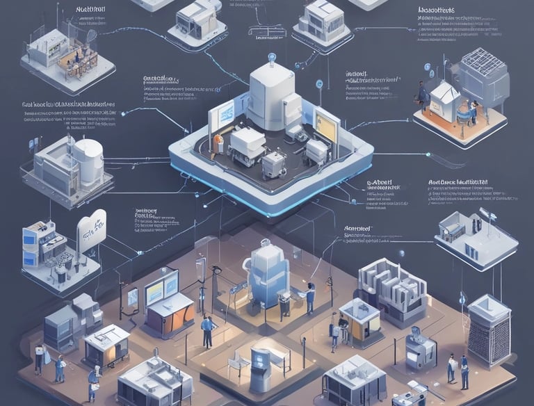 A smartphone displays analytics data with graphs showing views, downloads, and likes. It is resting vertically on a white dock next to a small potted succulent plant. In the background, a large computer monitor is partially visible, along with a closed laptop and a white wireless earbud case.