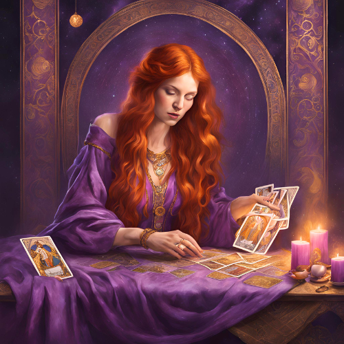 apprendre le tarot en un clin d'œil une femme en robe violette assise à une table avec un tarot