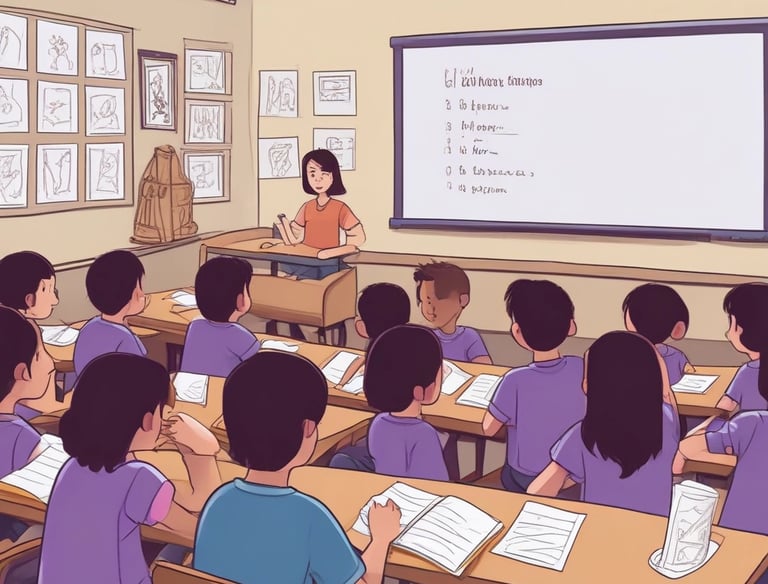 A classroom filled with children engaging in an English lesson.