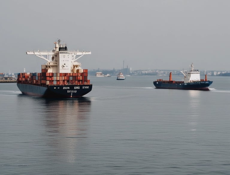 a boat in the water with a container ship in the background