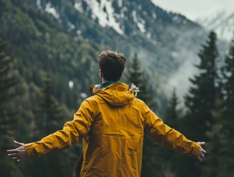 hombre con un piloto amarillo parado frente a una montaña