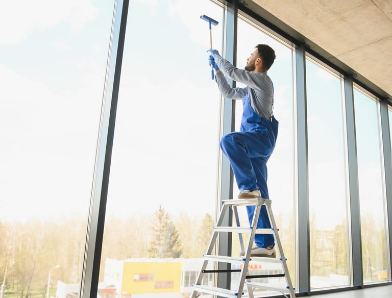 Window being professionally cleaned, leaving it crystal clear and streak-free.