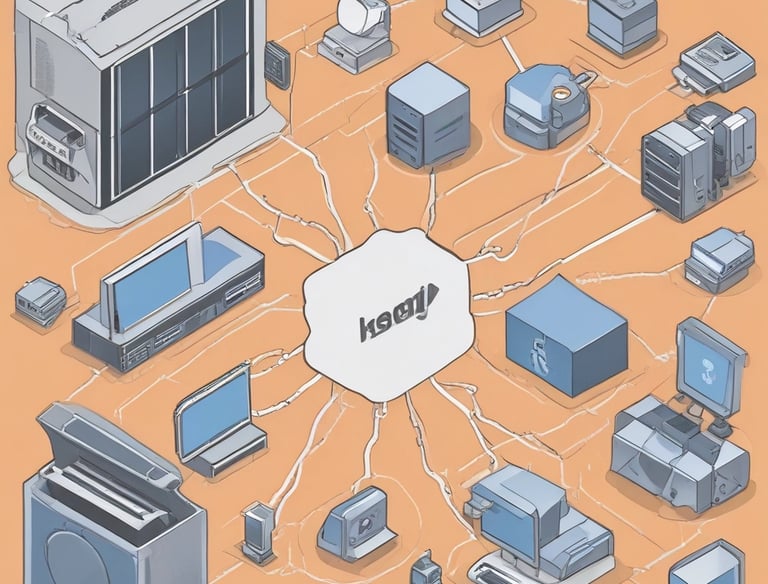 A digital rendering depicting a tall, metallic server rack positioned centrally on a platform. The server appears to have multiple blue-lit slots. Surrounding the rack, there are several stacks of cylindrical objects resembling databases or storage units, all set against a dark background.