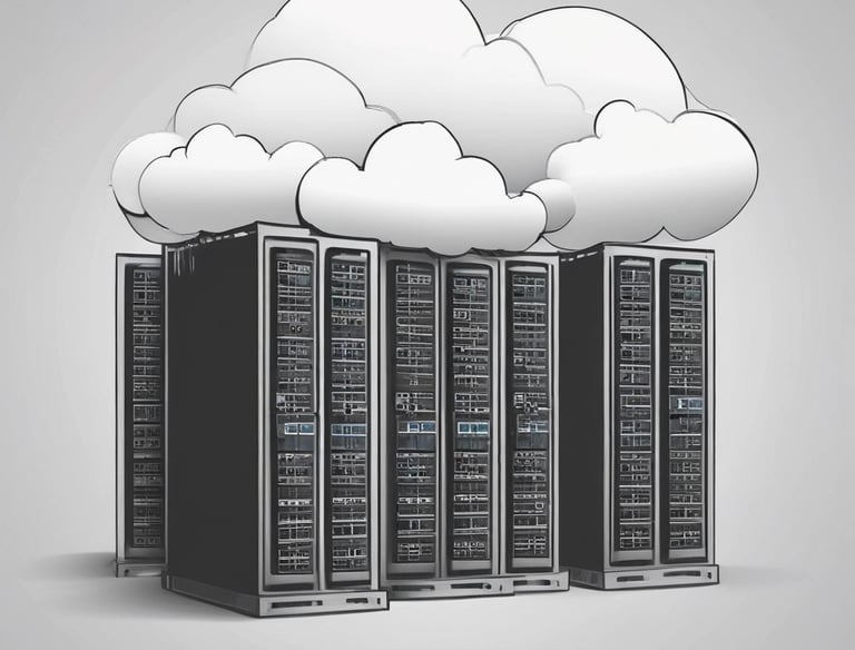 A dimly lit indoor setting featuring a laptop with a webpage titled 'Server Colocation' on the screen. In the foreground, a cup of coffee sits on a wooden table beside a potted plant. Through the window in the background, green hills and a cloudy sky are visible, providing a contrast to the darker interior.