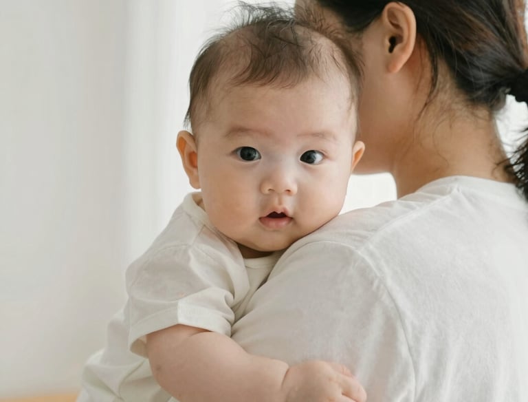 A baby is peacefully sleeping on a light blue textured blanket, wearing pajamas with a cute animal print. The child is wrapped in a soft, gray hooded blanket. A pacifier is gently held in the sleeping baby's mouth. Red rose petals are scattered beside the baby on the bedding.