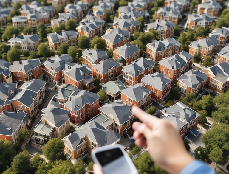 A residential building with a modern architectural design, featuring white walls and large windows. Trees with sparse foliage are in the foreground, and the scene is illuminated by warm, soft lighting, suggesting late afternoon or early evening.