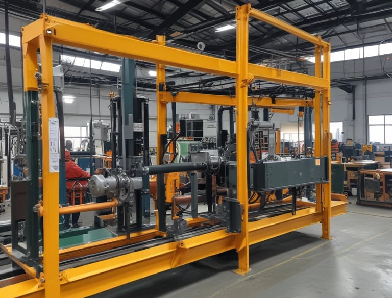 A large industrial space with massive machinery, including engines and generators. Two workers are operating and maintaining the equipment on a checkered floor under a high ceiling with steel beams.