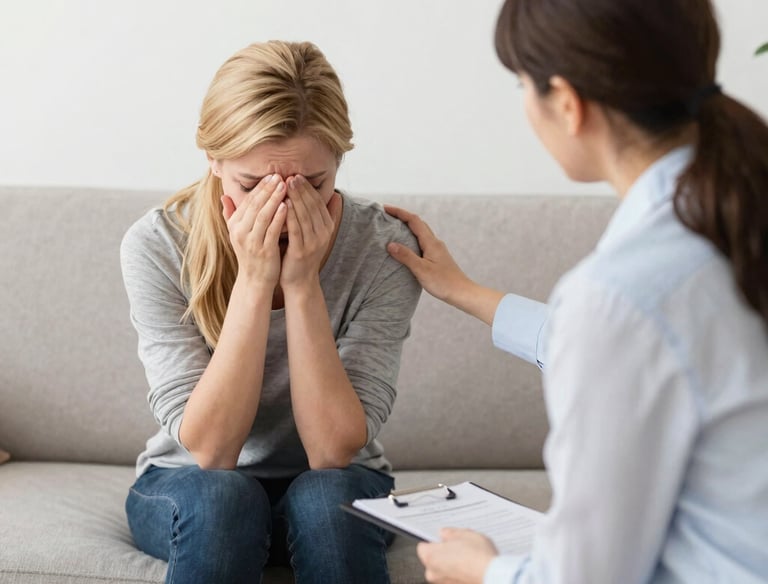 Uma paciente chorando e a psicóloga acolhendo e consolando durante uma crise de ansiedade