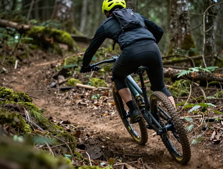 Cyclist riding a mountain bike on a rugged trail surrounded by lush green hills.