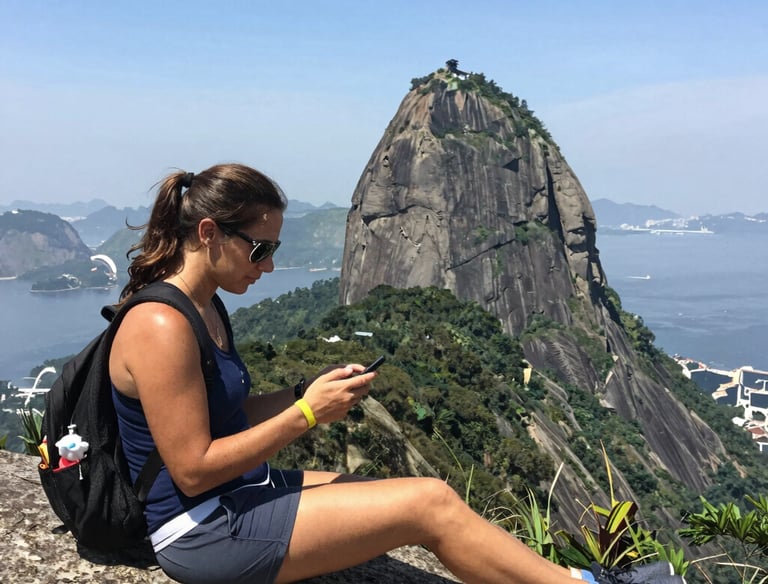 Two women chatting happily while using their phones outdoors in a sunny Brazilian park.