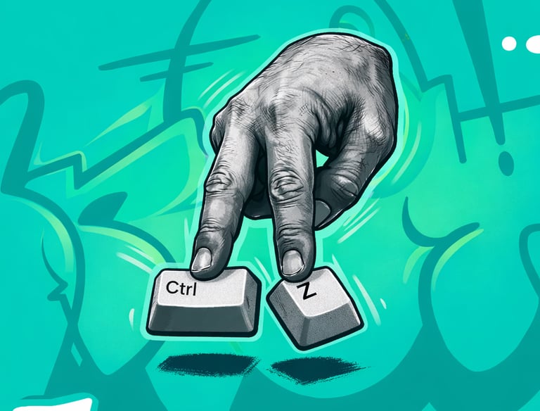 Hand pressing Ctrl and Z keyboard keys illustration for undo command on a green background.