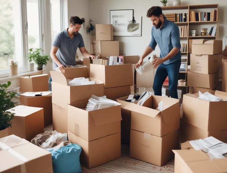 A Thiel Family Moving team member carefully wrapping fragile household items in bubble wrap inside a cozy living room.