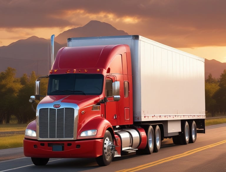 A semi tractor with a van trailer on the highway, representing long-distance moving across the lower 48 states.