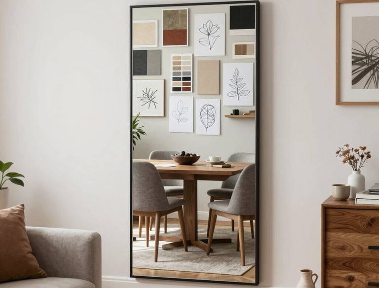 Grand miroir d'intérieur reflétant une salle à manger lumineuse et conviviale.