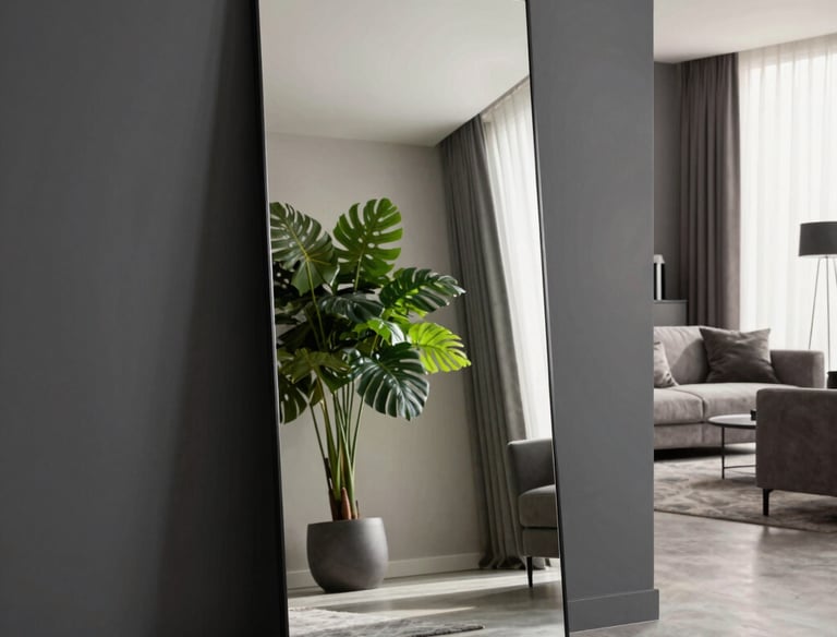 Miroir design vertical reflétant un salon moderne avec une plante verte.