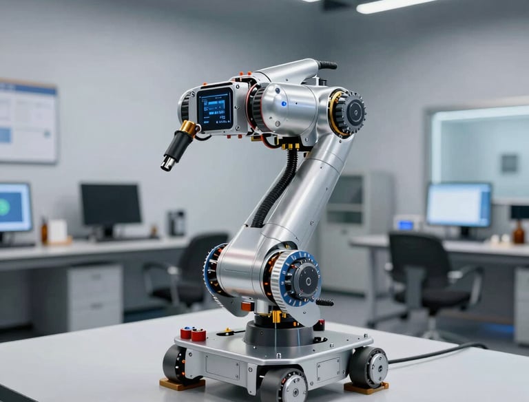 Children collaborating on a robotics project with colorful robots in a school lab.