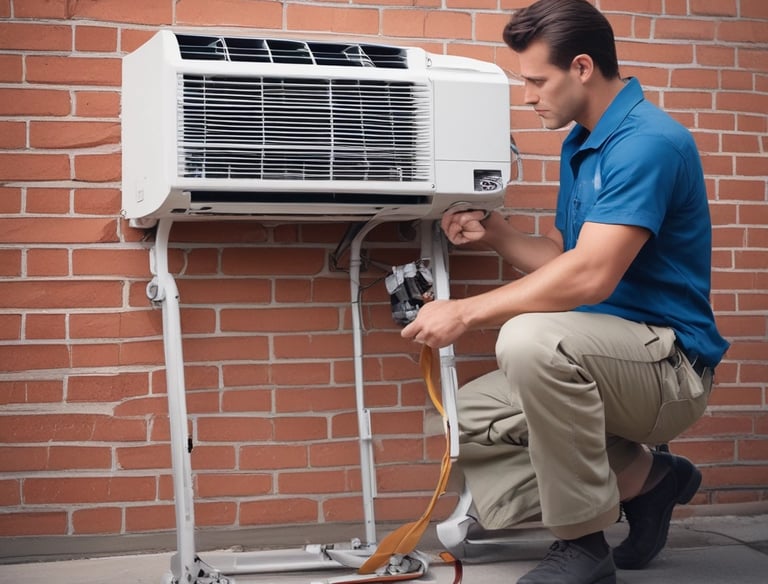 Technician repairing a split air conditioner unit on a sunny day.