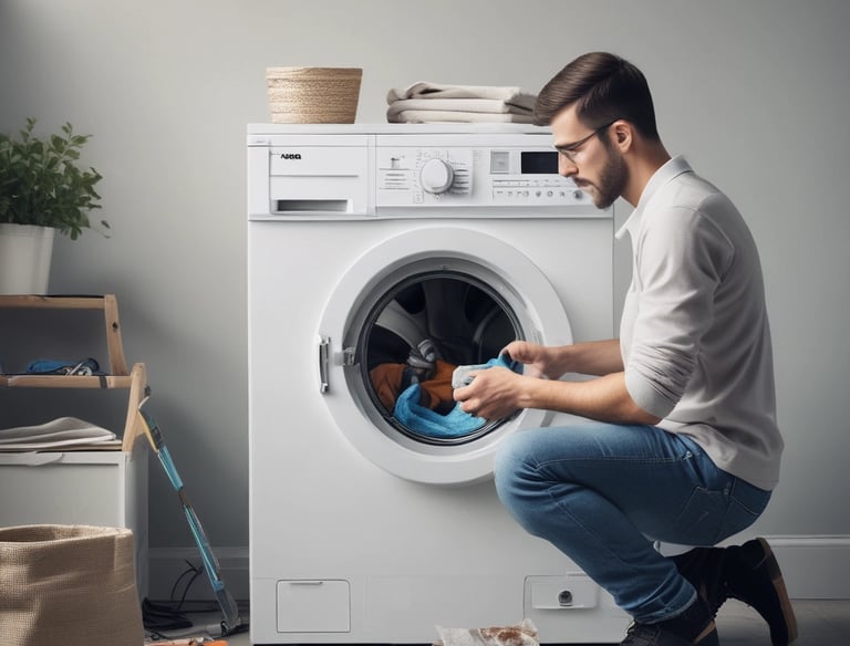 Close-up of a washing machine drum being serviced by a professional.