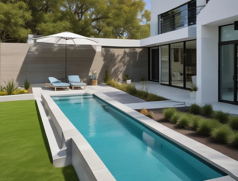 Modern fiberglass swimming pool design with elegant curves and clear blue water.