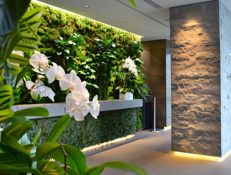 Modern hotel lobby featuring a lush vertical moss wall and white orchid blossoms beside a stone pillar.