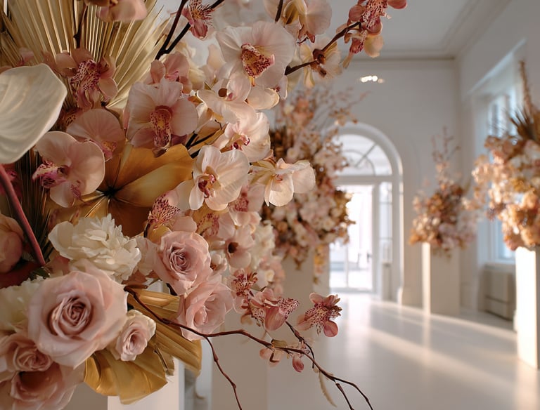 Elegant blush pink roses and orchid floral arrangements at a luxury wedding venue.