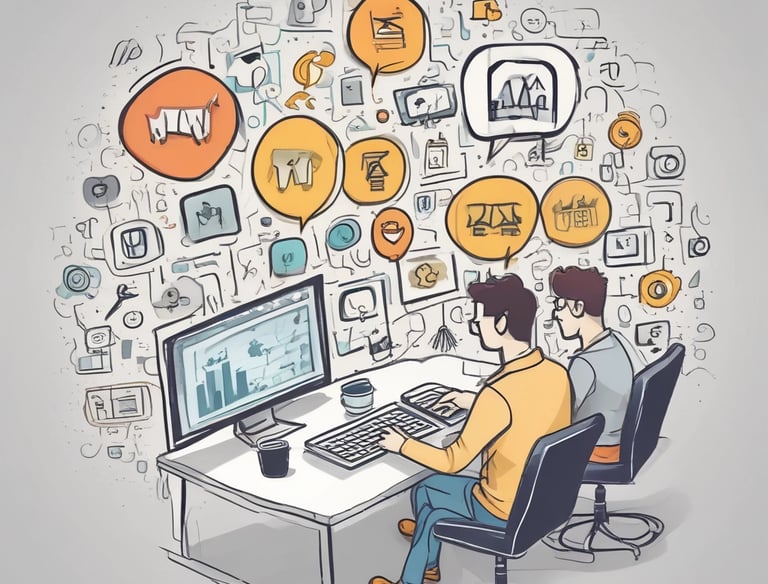 Close-up of hands typing on a keyboard with marketing graphs on screen.