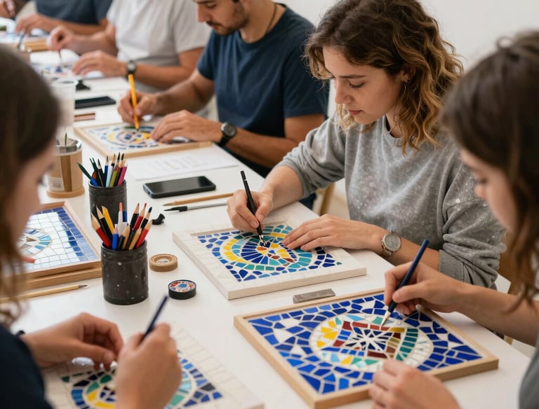 Finished mosaic pieces displayed on rustic wooden tables, showcasing vibrant patterns and textures.