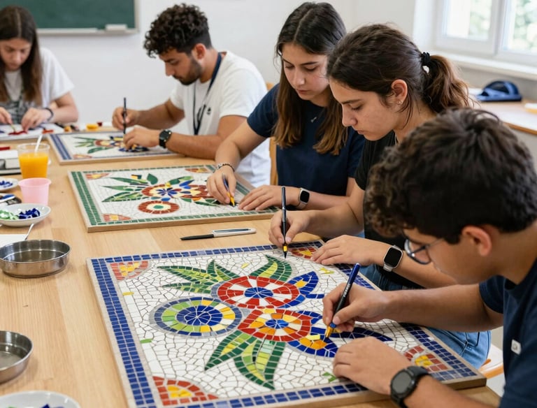 A group of participants smiling while working on their mosaic projects outdoors with the Mani landscape in the background.
