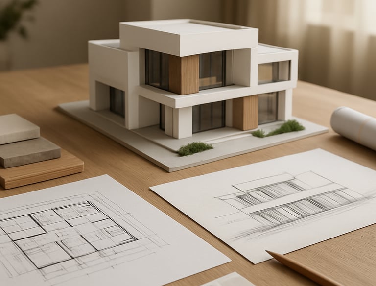 Modern architectural blueprint and design sketches on a wooden desk.