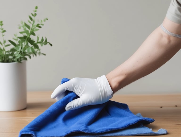 Close-up of cleaning supplies arranged neatly on a cart ready for a commercial job.