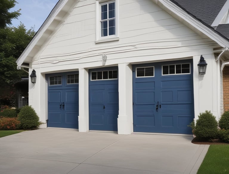 Technician fixing a garage door spring with tools on a sunny day.